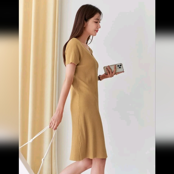SHEIN DAZY | Mustard Yellow Ribbed Knit Quarter Button Dress - Picture 6 of 6
